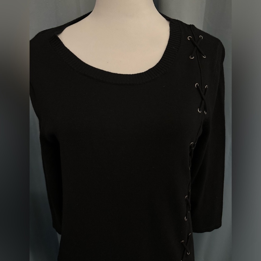 Rox&Ali Black Sweater Size M 3/4 Sleeves criss cross design on left side